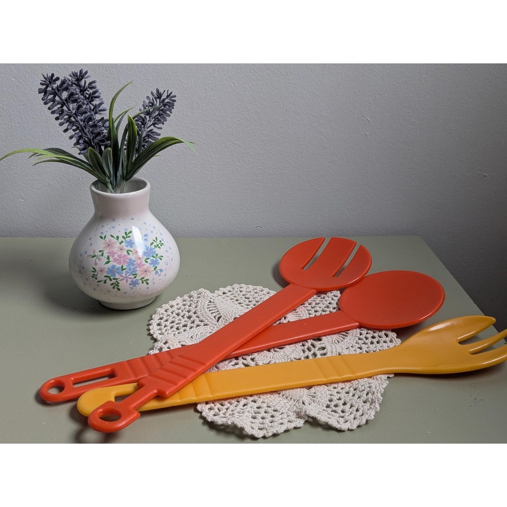 Vintage Retro Plastic Salad Serving Utensils Set of 3 Orange Yellow MCM